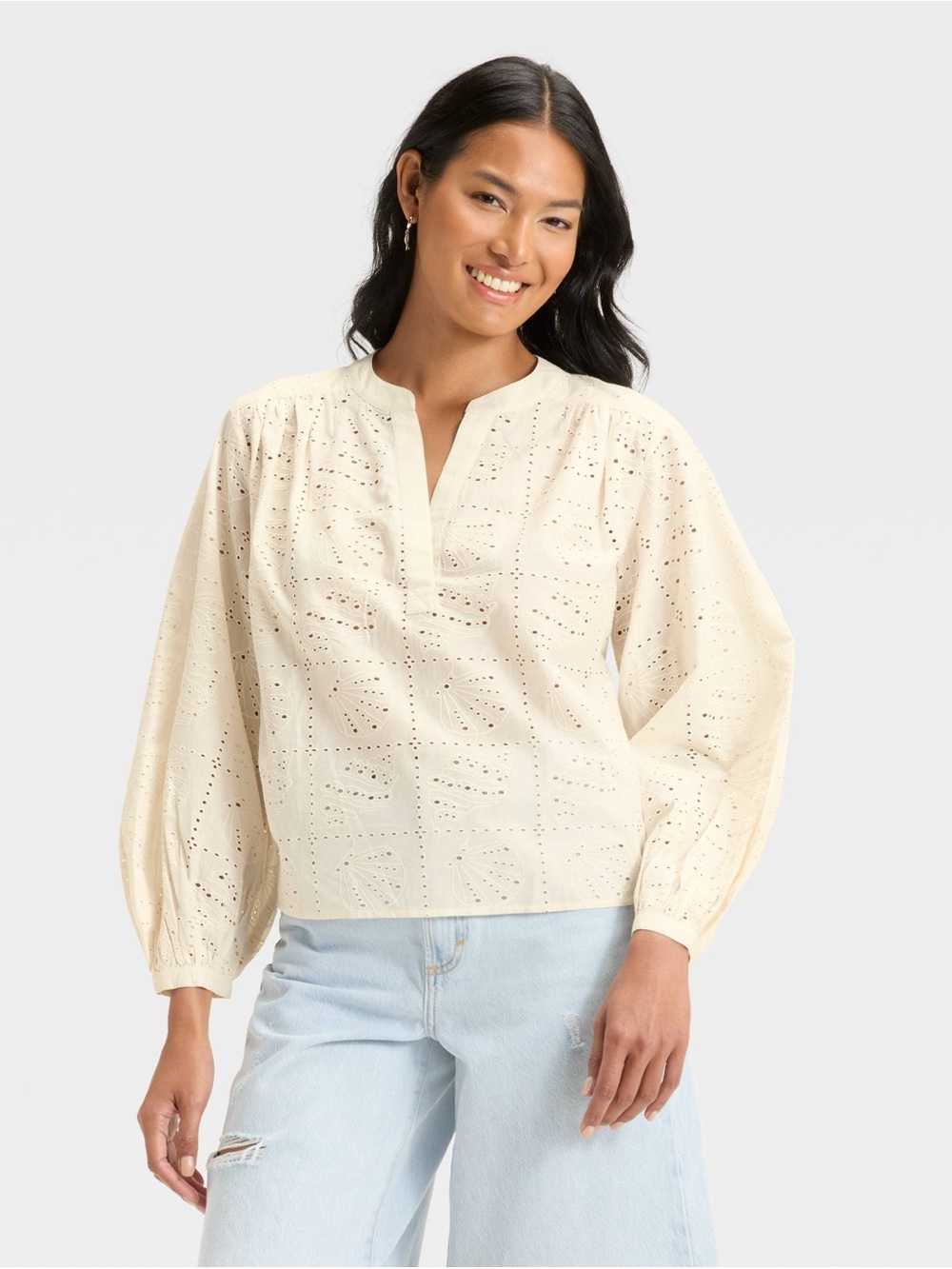 LIKE NEW UNIVERSAL THREAD 100% Cotton Eyelet Popover Blouse, Women’s Large